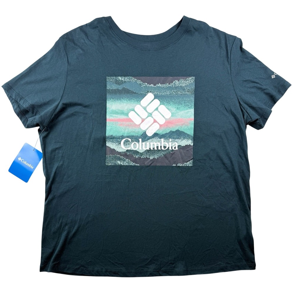 NWT Columbia Graphic T Shirt 100% Cotton Women L Blue Short Sleeve Logo Outdoor